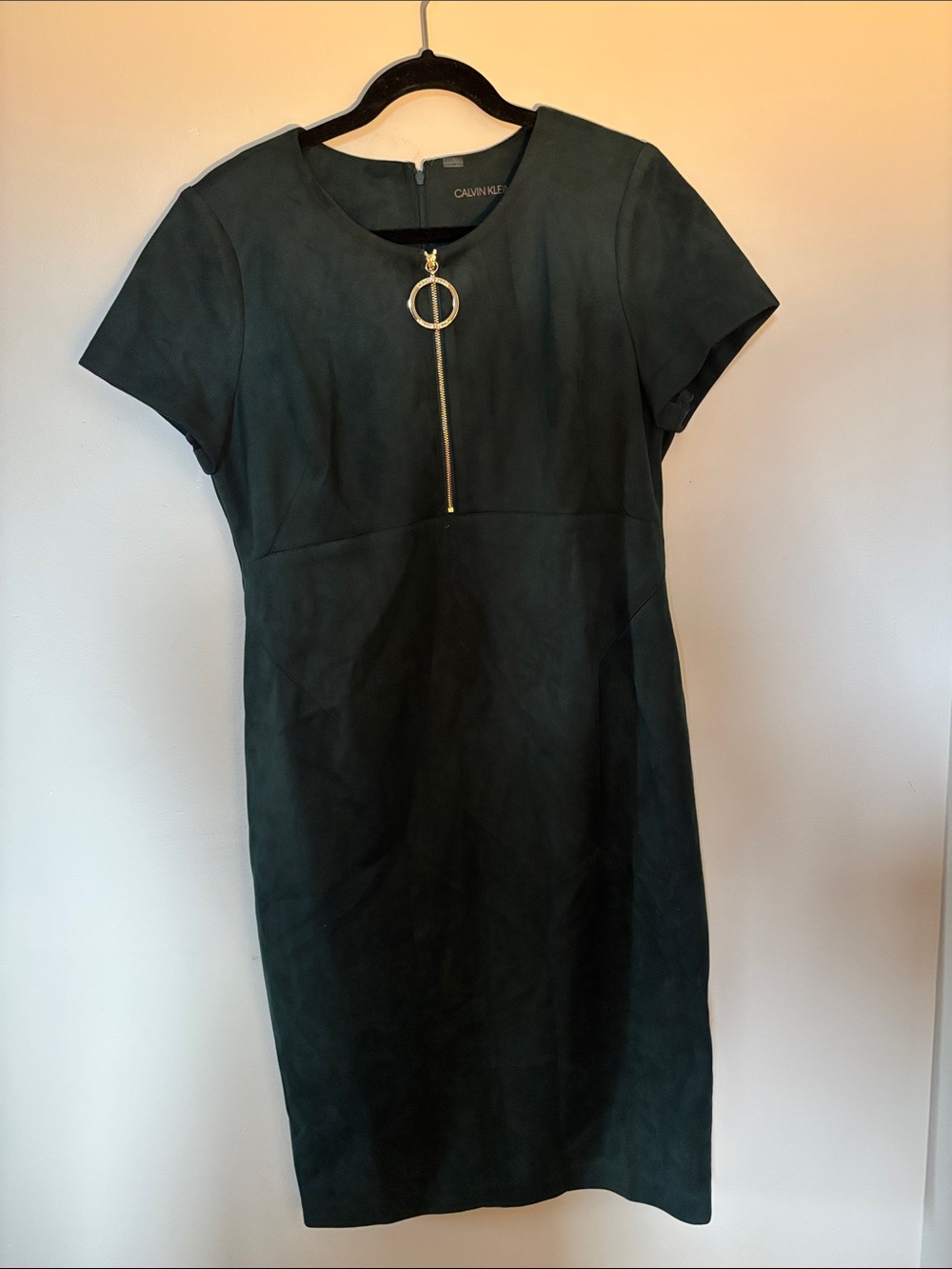 Calvin Klein Dark Green Short Sleeve Zip-Front Sheath Dress